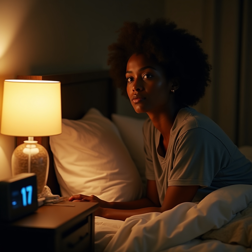 Persona sveglia di notte con difficoltà di sonno che cerca rilassamento