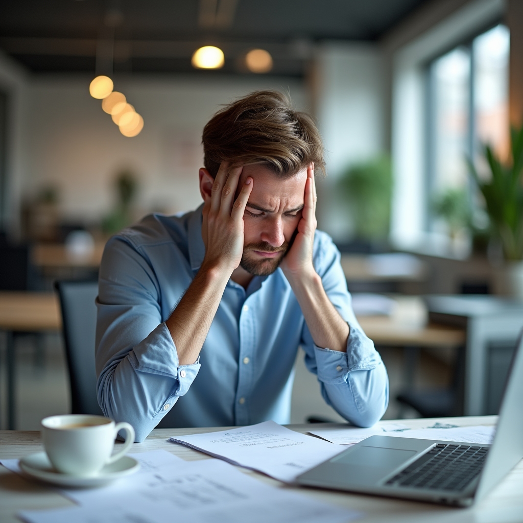 Lavoratore stressato in ufficio che ha bisogno di tecniche di rilassamento